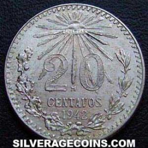 1942 Mexican Silver 20 Centavos (Reverse)