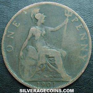 1901 Victoria British Bronze "Widow Head" Penny (Reverse)