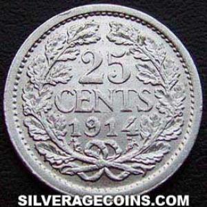 1914 Wilhelmina I Dutch Silver 25 Cents (Reverse)