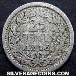 1916 Wilhelmina I Dutch Silver 25 Cents (Reverse)