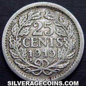 1919 Wilhelmina I Dutch Silver 25 Cents (Reverse)
