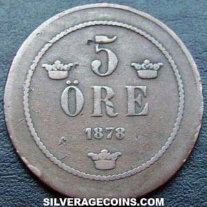 1878 Oscar II Swedish Bronze 5 Öre (small letters) (Reverse)
