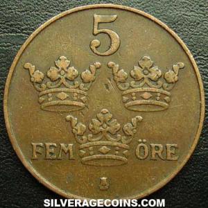 1928 Gustav V Swedish Bronze 5 Öre (Reverse)