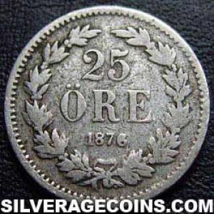 1876 ST Oscar II Swedish Silver 25 Öre (Reverse)
