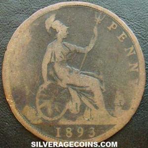 1893 Victoria British Bronze "Bun Head" Penny (2nd type) (Reverse)