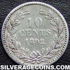 1892 Wilhelmina I Dutch Silver 10 Cents (young head) (Reverse)