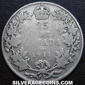 1911 George V Canadian Silver 25 Cents (Reverse)