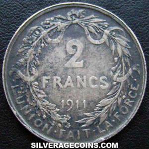 1911 Albert I Belgian Silver 2 Francs (French) (Reverse)