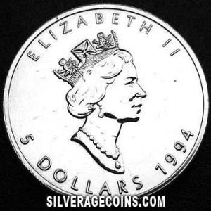 1994 Elizabeth II Canadian 5 Dollars 1 Ounce Silver Maple Leaf (Obverse)