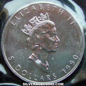 1990 Elizabeth II Canadian 5 Dollars 1 Ounce Silver Maple Leaf (Obverse)