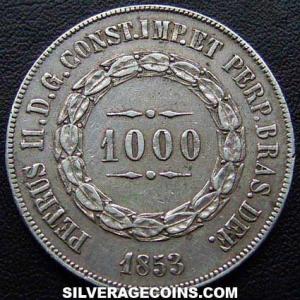 1853 Pedro II Brazilian Silver 1000 Reis (Obverse)