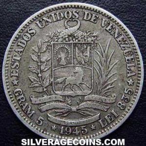 1945 (p) Venezuelan Silver 1 Bolivar (Obverse)