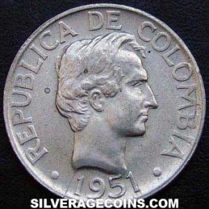 1951 B mark on wreath Colombian Silver 20 Centavos (Obverse)