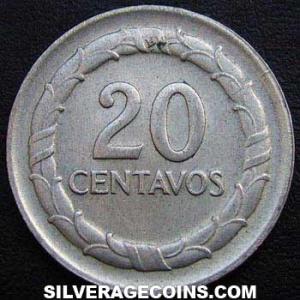 1951 B mark on wreath Colombian Silver 20 Centavos (Reverse)