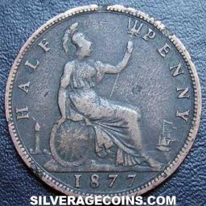 1877 Victoria British Bronze "Bun Head" Half Penny (Reverse)