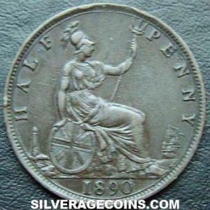 1890 Victoria British Bronze "Bun Head" Half Penny (Reverse)