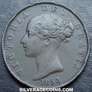 1853 Victoria British Bronze "Young Head" Half Penny (Obverse)