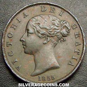 1855 Victoria British Bronze "Young Head" Half Penny (Obverse)