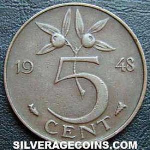 1948 Wilhelmina I Dutch Bronze 5 Cents (Reverse)