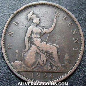 1864 plain 4 Victoria British Bronze "Bun Head" Penny (1st type) (Reverse)