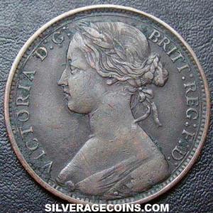 1865 Victoria British Bronze "Bun Head" Penny (1st type) (Obverse)
