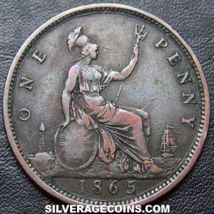 1865 Victoria British Bronze "Bun Head" Penny (1st type) (Reverse)