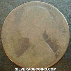 1866 Victoria British Bronze "Bun Head" Penny (1st type) (Obverse)
