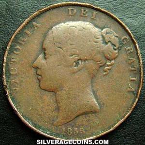 1855 plain Victoria British "Young Head" Penny (Obverse)