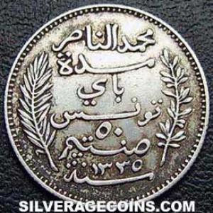 AH1335 (1916) A Muhammad al-Nasir Tunisian Silver 50 Centimes (Obverse)
