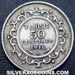 AH1335 (1916) A Muhammad al-Nasir Tunisian Silver 50 Centimes (Reverse)