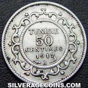 AH1335 (1917) A Muhammad al-Nasir Tunisian Silver 50 Centimes (Reverse)