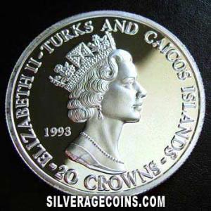 1993 Proof Elizabeth II Turks and Caicos 20 Crowns Silver (Coronation Anniversary) (Obverse)