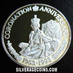 1993 Proof Elizabeth II Turks and Caicos 20 Crowns Silver (Coronation Anniversary) (Reverse)