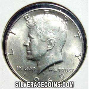 Medio Dólar Revestido de Plata "Kennedy" Estadounidense 1969 D (Anverso)