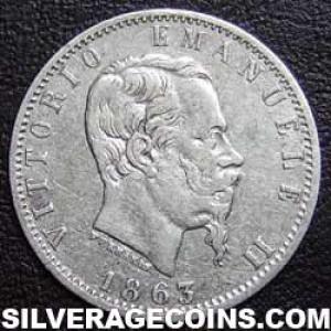 1863 T BM Victor Emmanuel II Italian Silver 20 Centesimi (Obverse)
