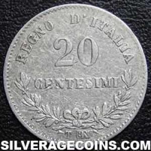 1863 T BM Victor Emmanuel II Italian Silver 20 Centesimi (Reverse)