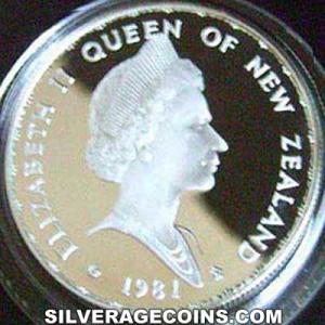 Dollar de Plata Neozelandés de Isabel II (Visita Real) [Estuche] 1981 Proof (Anverso)
