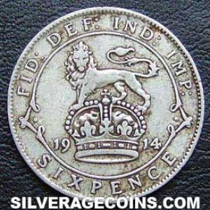 1914 George V British Silver Sixpence (.925) (Reverse)
