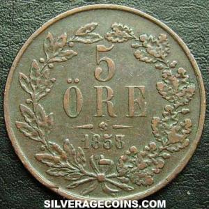 1858 Oscar I Swedish Bronze 5 Öre (Reverse)