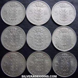 1949-1975 (9) Lot of 9 Different Dates Belgian 5 Francs (Dutch, coin) (Obverse)