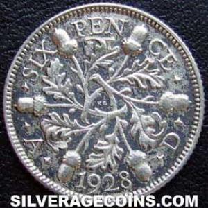 1928 George V British Silver "Oak Reverse" Sixpence (Reverse)