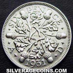 1931 George V British Silver "Oak Reverse" Sixpence (Reverse)
