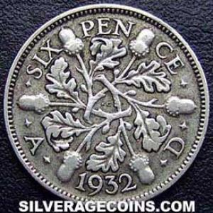 1932 George V British Silver "Oak Reverse" Sixpence (Reverse)