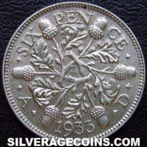 1933 George V British Silver "Oak Reverse" Sixpence (Reverse)