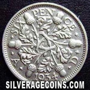 1934 George V British Silver "Oak Reverse" Sixpence (Reverse)