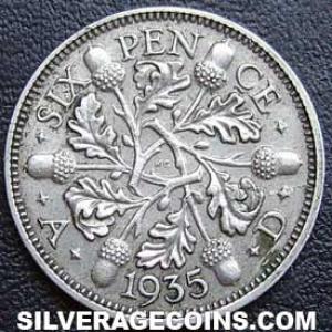 1935 George V British Silver "Oak Reverse" Sixpence (Reverse)