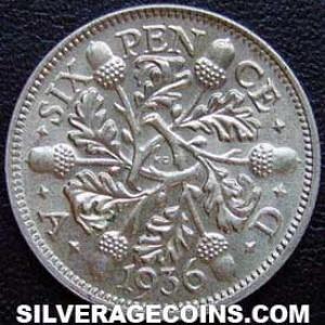 1936 George V British Silver "Oak Reverse" Sixpence (Reverse)