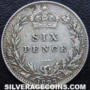 6 Peniques "Widow Head" de Plata Británicos de Victoria 1893 (Reverso)