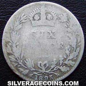 1895 Victoria British Silver "Widow Head" Sixpence (Reverse)
