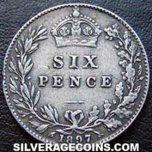 1897 Victoria British Silver "Widow Head" Sixpence (Reverse)